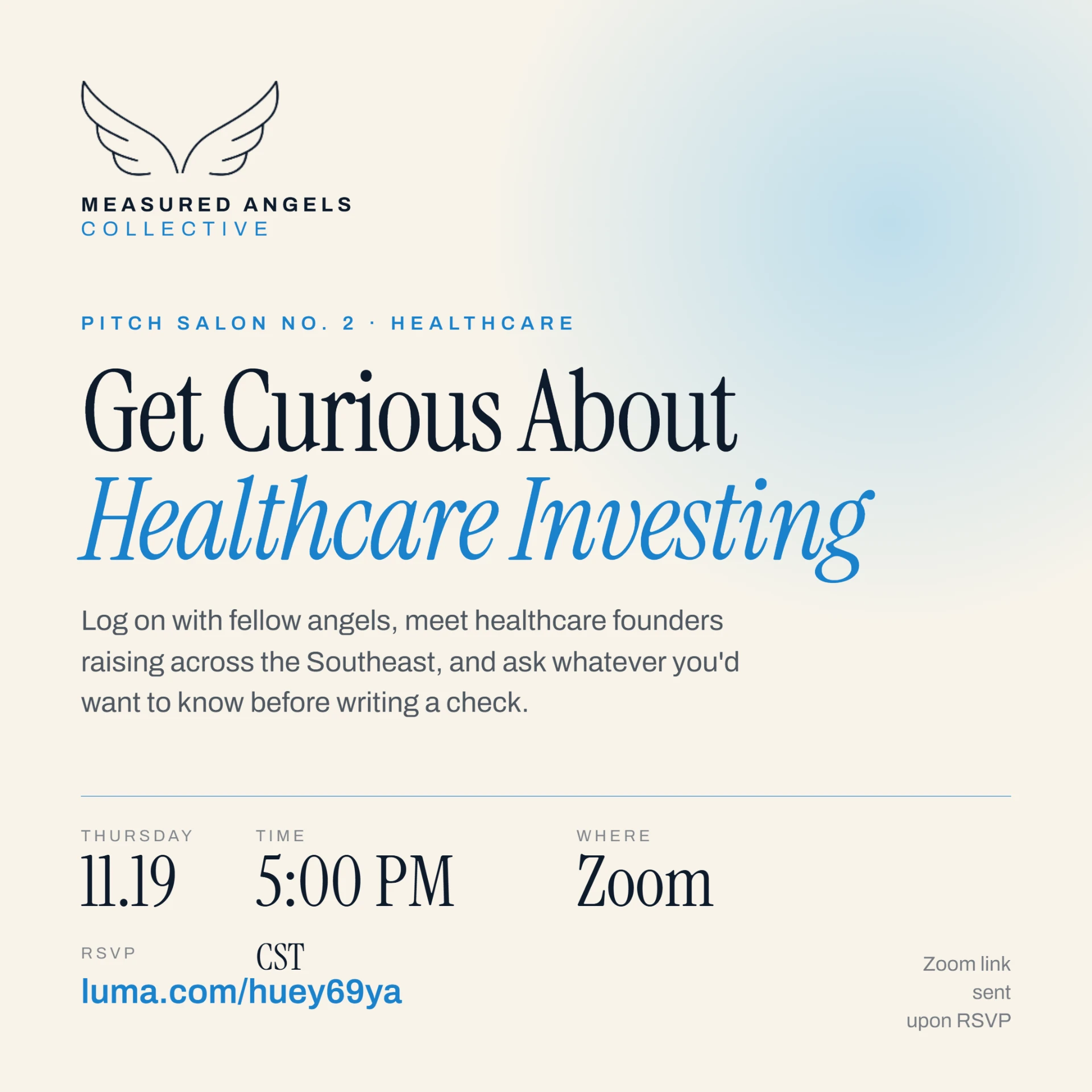 Measured Angels Collective Virtual Pitch Salon No. 2 · Healthcare — Thursday, November 19 at 5pm CT on Zoom